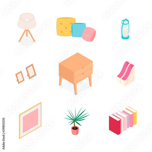 Isometric home decoration and furniture set. Vector collection. Illustration in flat design.