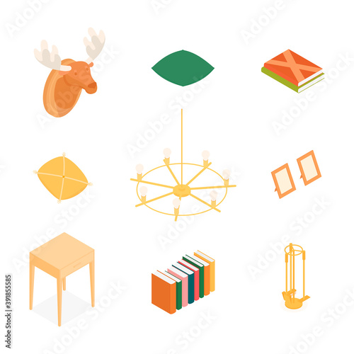 Isometric home decoration and furniture set. Vector collection. Illustration in flat design.