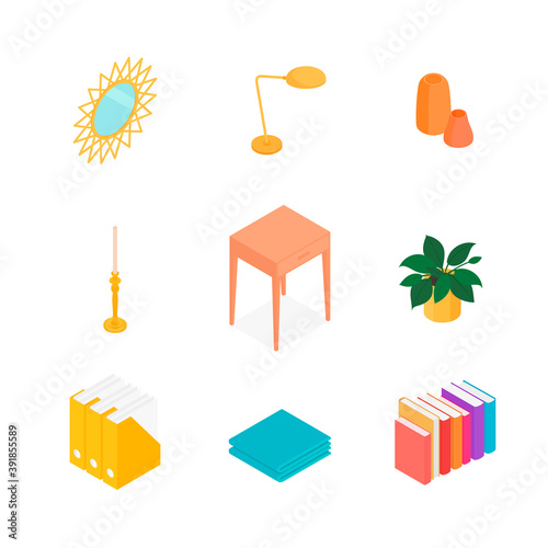 Isometric home decoration and furniture set. Vector collection. Illustration in flat design.