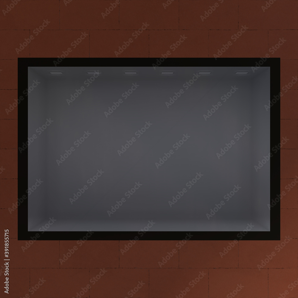Concrete block of the facade. In the background is a red brick wall and a large dark window. Straight lines and right angles. 3D rendering. 3D-rendering Concrete block of the facade. In the background is a red brick wall and a large dark window. Straight lines and right angles. 3D rendering. 3D-rendering