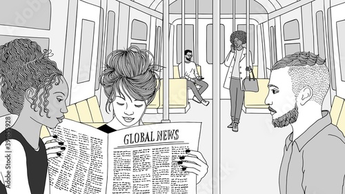 Hand drawn illustration of young people sitting on the underground / subway