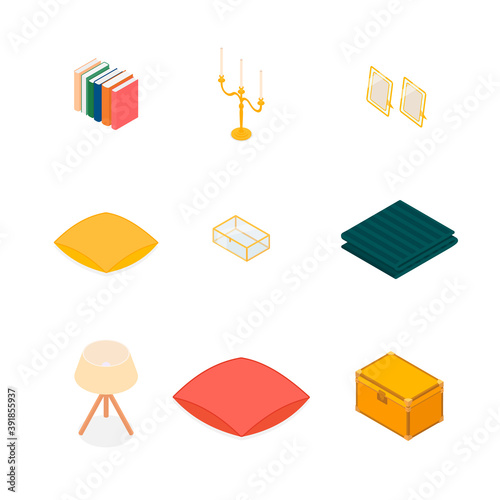 Isometric home decoration and furniture set. Vector collection. Illustration in flat design.