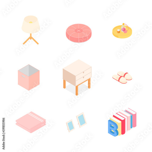 Isometric home decoration and furniture set. Vector collection. Illustration in flat design.