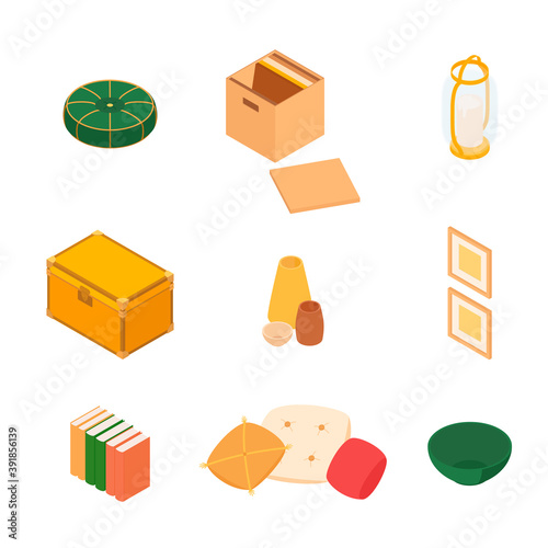 Isometric home decoration and furniture set. Vector collection. Illustration in flat design.
