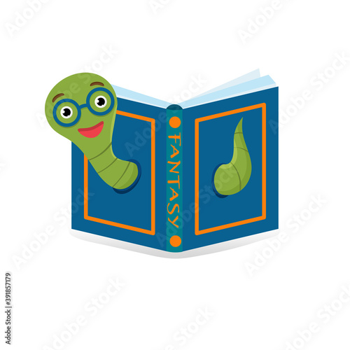 Cute bookworm with glasses popping out of old hardcvoer book, isolated on white background. Education concept. Vector cartoon illustration.