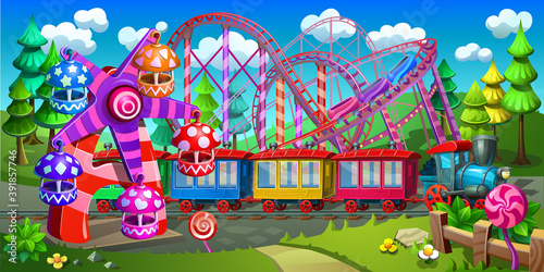 Amusement park with attractions. Roller coaster, Ferris wheel, children's railway.