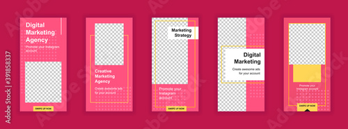 Marketing agency editable templates set for Instagram stories. Digital marketing strategy, social media promo. Design for social networks. Insta story mockup with free copy space vector illustration