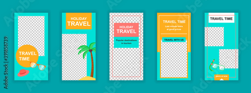 Travel vacation editable templates set for Instagram stories. Summertime beach vacation, travel time layouts. Design for social networks. Insta story mockup with free copy space vector illustration.