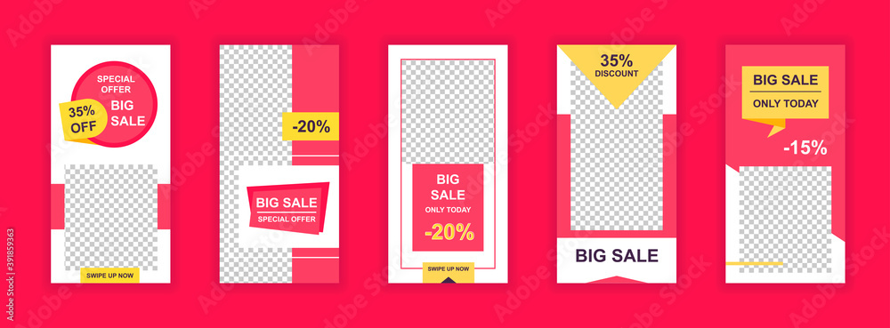 Big sale editable templates set for Instagram stories. Offering sales discounts only today, marketplace promo. Design for social networks. Insta story mockup with free copy space vector illustration.