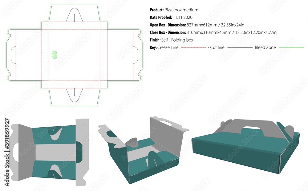 Pizza box medium packaging template self lock die cut vector Pizza box medium packaging template self lock die cut vector