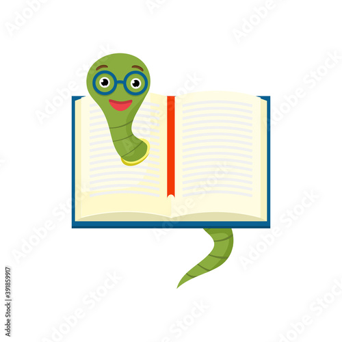 Cute bookworm with glasses pops out of an open book, isolated on white background. Education concept. Vector cartoon illustration.