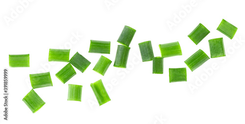 Chopped or cut scallions isolated on a white background, top view.