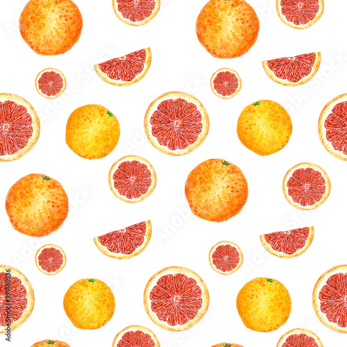 Red grapefruit seamless pattern, hand drawn botanical illustration isolated on white.