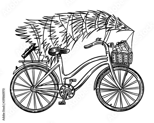Bicycle with a Christmas tree. Spruce in the luggage of the bike. Delivery concept. Vector illustration for label, badge, logo, postcard or banner. Hand drawn Vintage engraved sketch. 