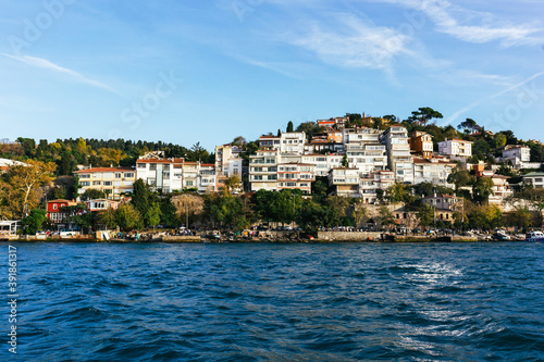 Amazing view of Istanbul city from the sea, Bosporus strait, Turkey.