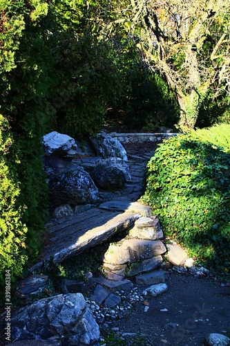 Wooden plant across decorative water castade stream bank made of stone, dried out for autumn season. Autumn trees, shrubs and climbing plants around, november afternoon sunshine.  photo