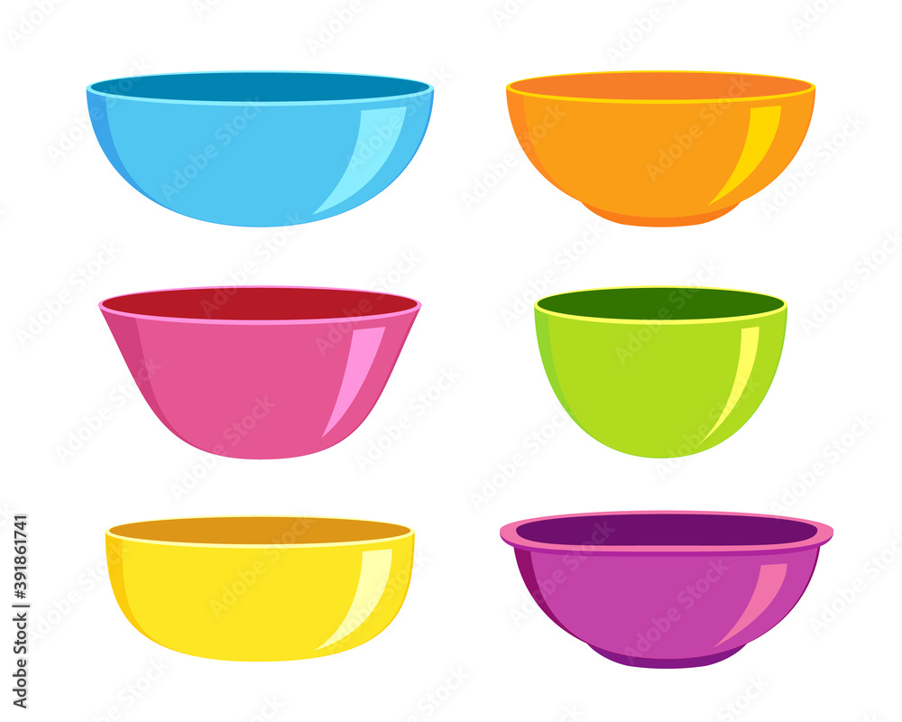 Set of empty plastic or ceramic bowls of different forms on white background. Colourful dishware for breakfast or dinner. Vector illustration. Set of empty plastic or ceramic bowls of different forms on white background. Colourful dishware for breakfast or dinner. Vector illustration.