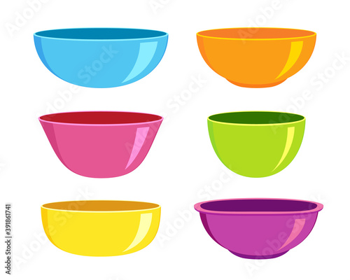 Set of empty plastic or ceramic bowls of different forms on white background. Colourful dishware for breakfast or dinner. Vector illustration.