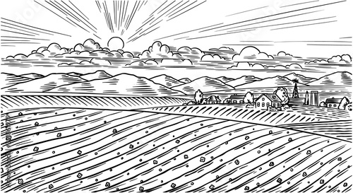 Rural meadow. A village landscape with hills and a farm. Sunny scenic country view. Hand drawn engraved sketch. Vintage rustic banner for wooden sign or badge or label.