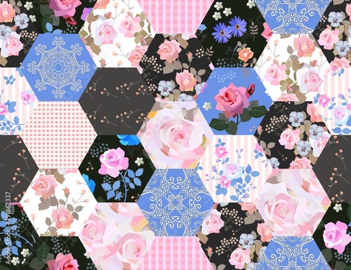 Fototapeta Naklejka Na Ścianę i Meble -  Beautiful seamless patchwork pattern from hexagonal patches with floral, lace and geometric ornaments.