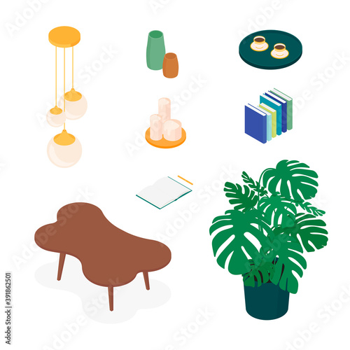 Isometric home decoration and furniture set. Vector collection. Illustration in flat design.