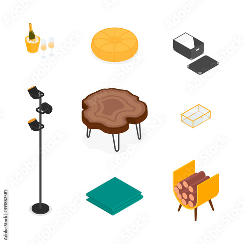 Isometric home decoration and furniture set. Vector collection. Illustration in flat design.