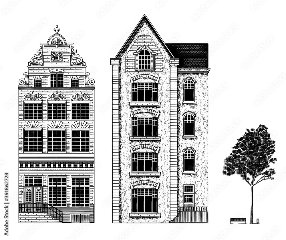 Amsterdam houses. Urban residential buildings. Scandinavian style. European city. Hand drawn monochrome doodle vector illustration 