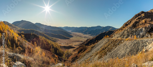 Altai mountains. Beautiful highland autumn panoramic landscape. Rocky foreground with golden trees. Blue sky with the sun as a background. Russia. Siberia