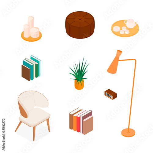 Isometric home decoration and furniture set. Vector collection. Illustration in flat design.