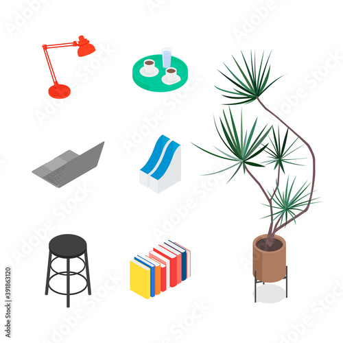 Isometric home decoration and furniture set. Vector collection. Illustration in flat design.