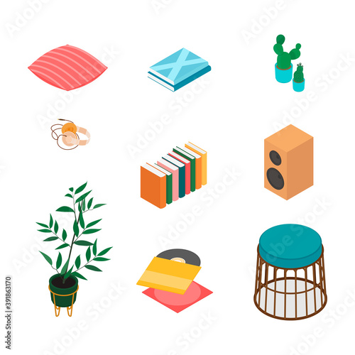 Isometric home decoration and furniture set. Vector collection. Illustration in flat design.