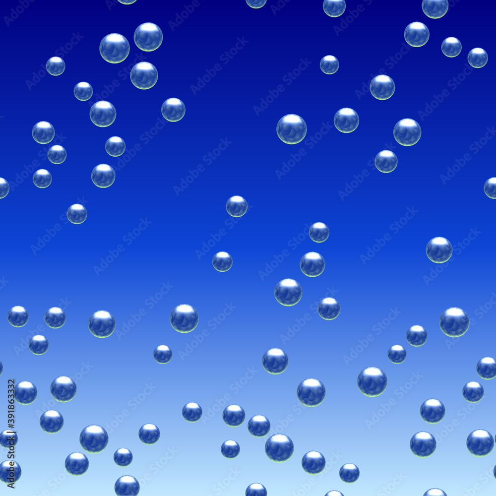 Bubbles, blue geometries, spheres, water drops on blue