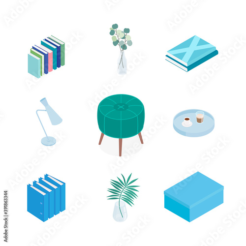 Isometric home decoration and furniture set. Vector collection. Illustration in flat design.