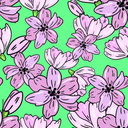 Seamless vector pattern with light beige flowers on green background. Wallpaper, fabric and textile design. Cute wrapping paper pattern with spring bouquet. Good for printing.