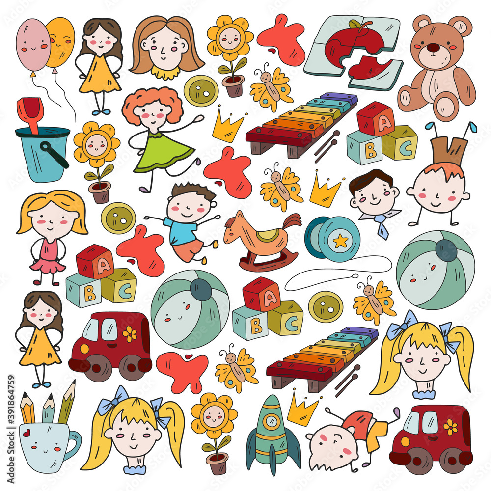Fototapeta premium Kindergarten and toys. Little children game. Kids playground. Education, creativity, imagination.