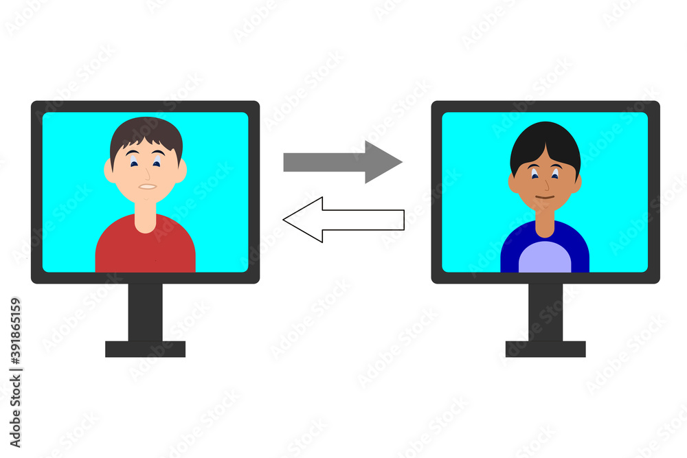 Two boys of different skins communicate by video conference