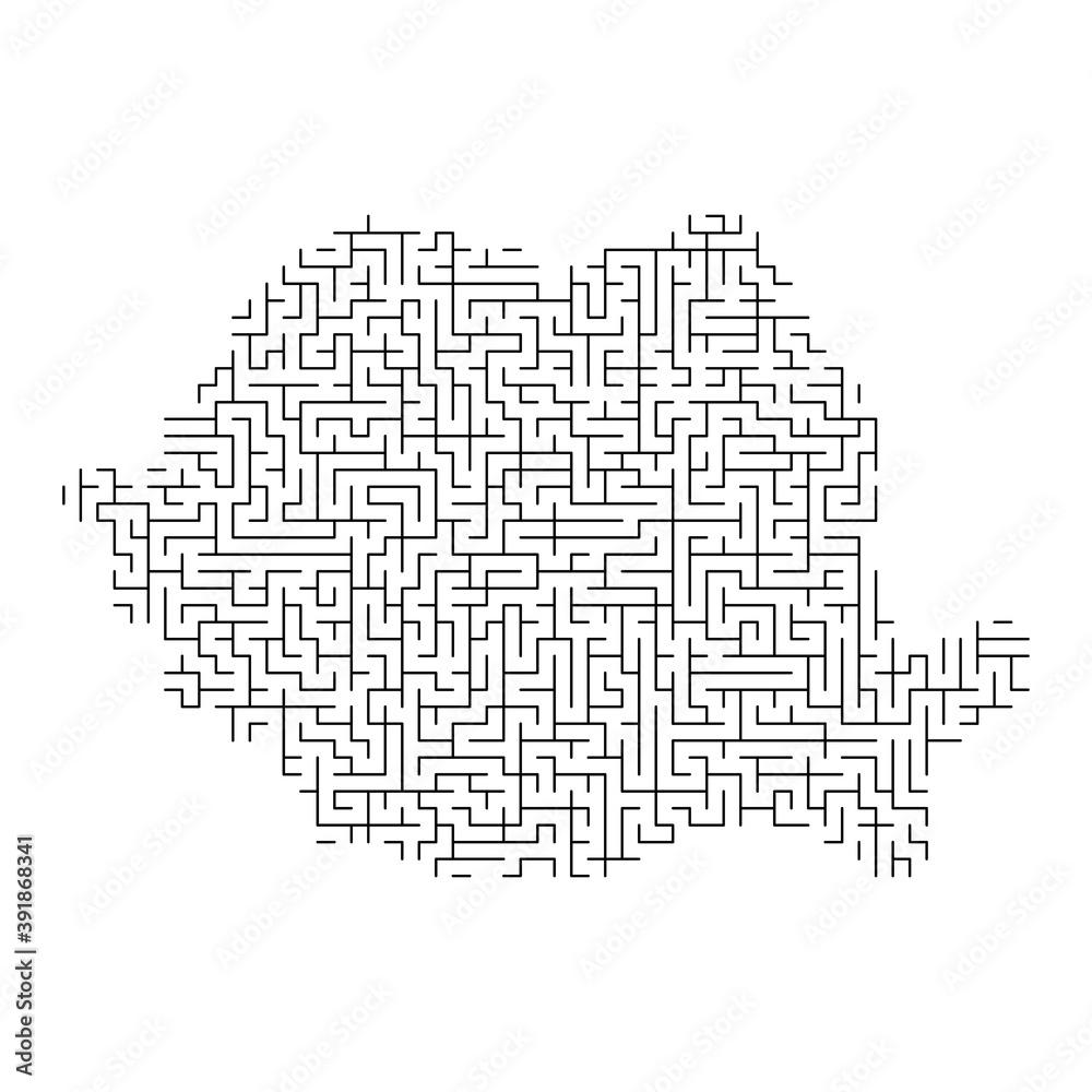 Romania map from black pattern of the maze grid. Vector illustration.