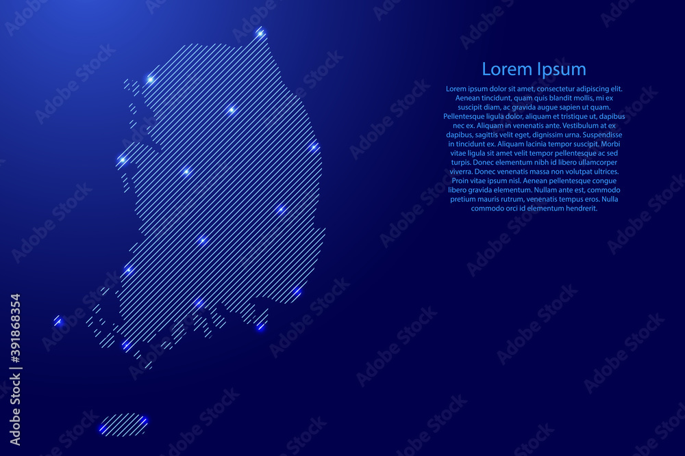 South Korea map from blue pattern slanted parallel lines and glowing space stars grid. Vector illustration.