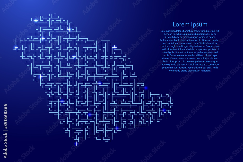 Saudi Arabia map from blue pattern of the maze grid and glowing space stars grid. Vector illustration.