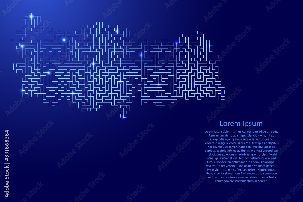 Turkey map from blue pattern of the maze grid and glowing space stars grid. Vector illustration. Turkey map from blue pattern of the maze grid and glowing space stars grid. Vector illustration.