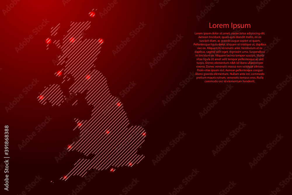 United Kingdom map from red pattern slanted parallel lines and glowing space stars grid. Vector illustration.