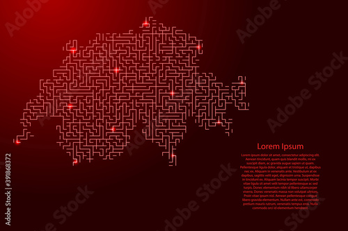 Switzerland map from red pattern of the maze grid and glowing space stars grid. Vector illustration.