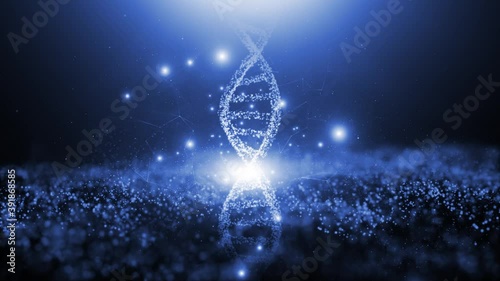 Shining dna structure rotation on abstract digital blue copy space animation background.