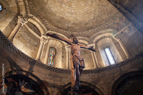 San Martín de Elines, sculpture of Jesus Christ on the apse, Valderredible region, Cantabria, Spain