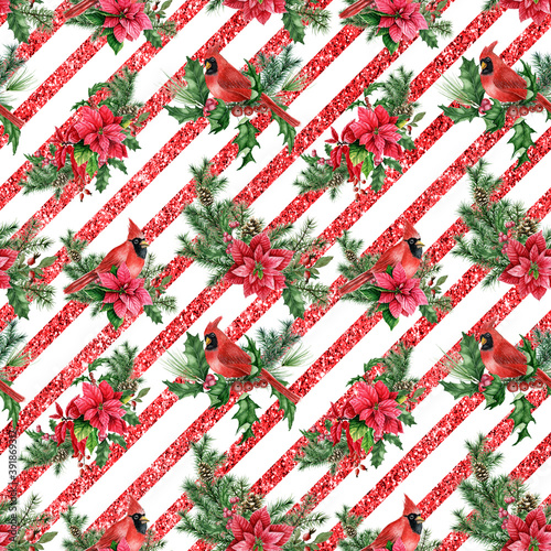 Christmas Watercolor background with poinsettia, cardinal and red stripes. Winter Seamless pattern
