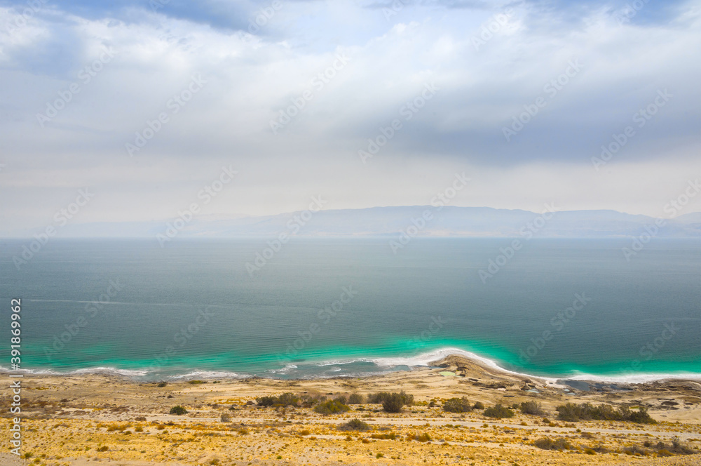 Dead Sea coastline overlooking Jordan.