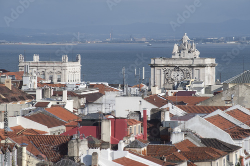 group of statuse on Triumphal Arch in Lisbon, Portugal photo