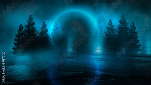 Futuristic night landscape with abstract landscape and island, moonlight, shine. Dark natural scene with reflection of light in the water, neon blue light. 3d illustration
