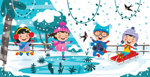 Funny Kids Playing At Winter