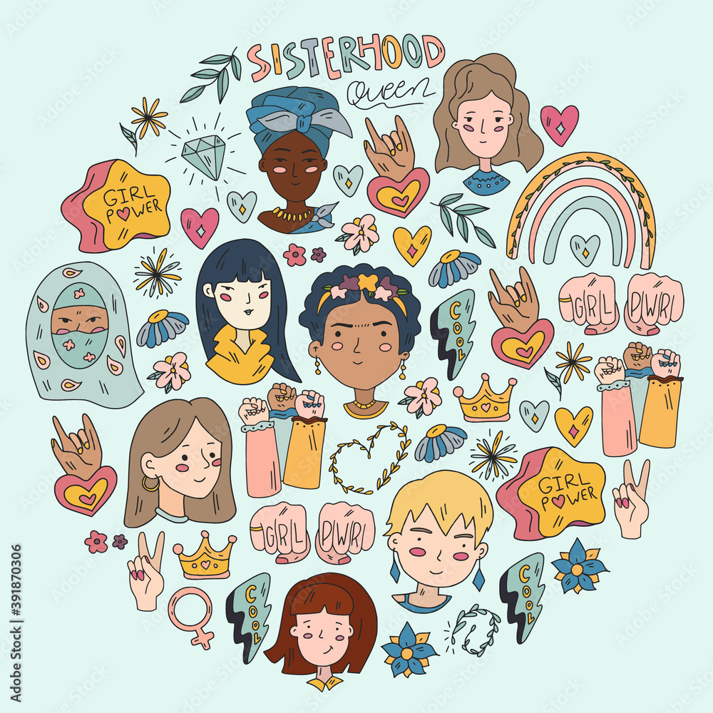 Feminism vector pattern. Fight for women rights. Hand lettering quotes. Feminism vector pattern. Fight for women rights. Hand lettering quotes.